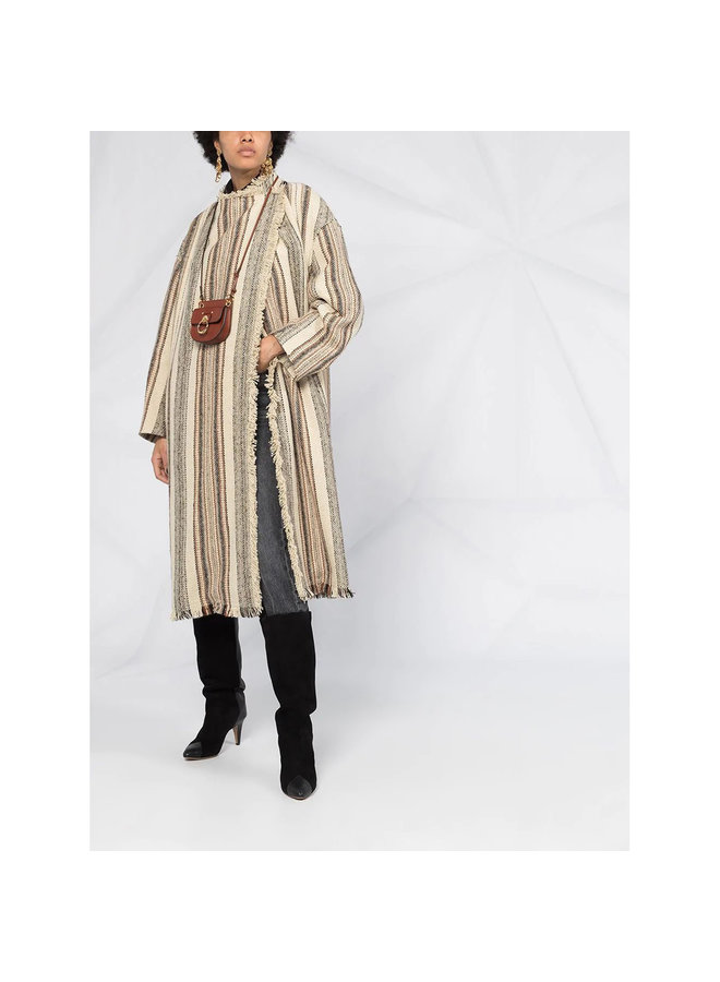 Long Stripped Coat in Cotton/Wool in Ecru