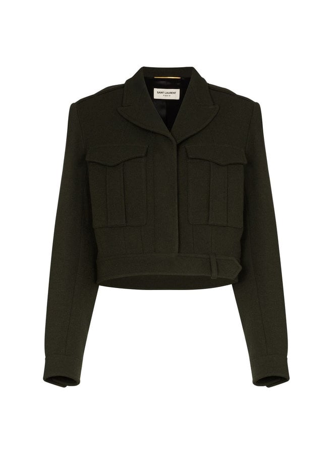 Cropped Military Jacket in Wool in Khaki