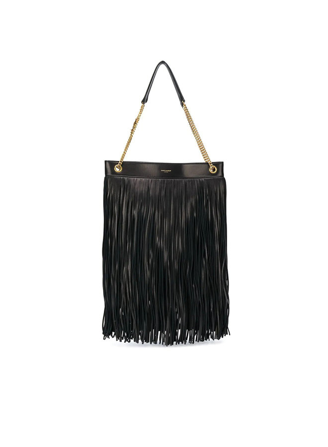 Grace Fringed Shoulder Bag in Leather in Black/Gold