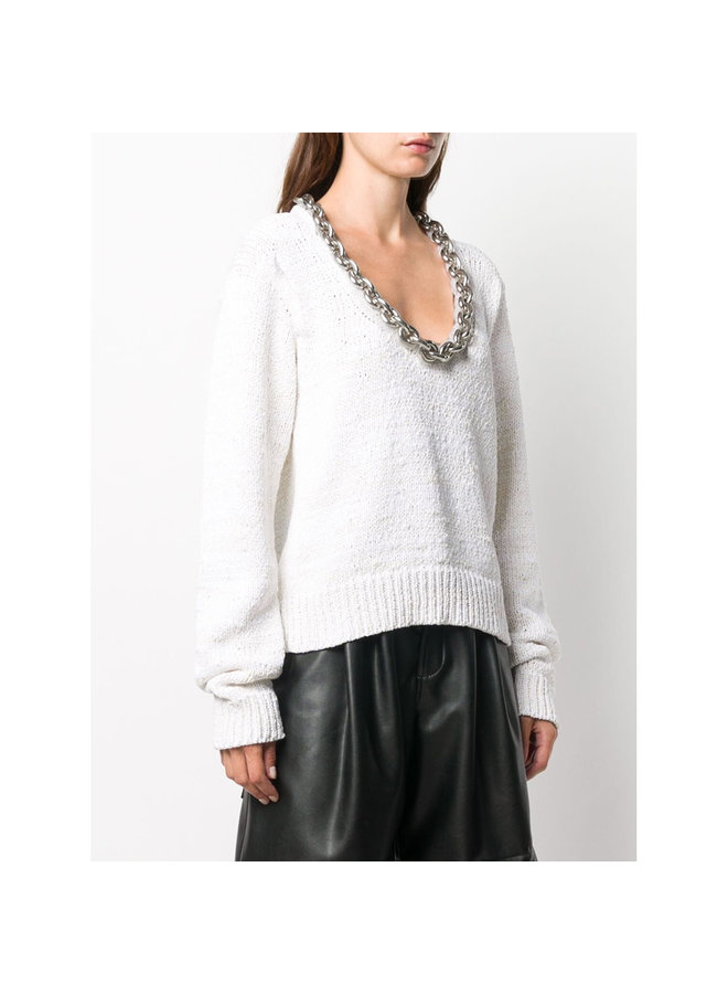 Knitwear Top with Chunky Chain Detail in Cotton in Chalk/Silver