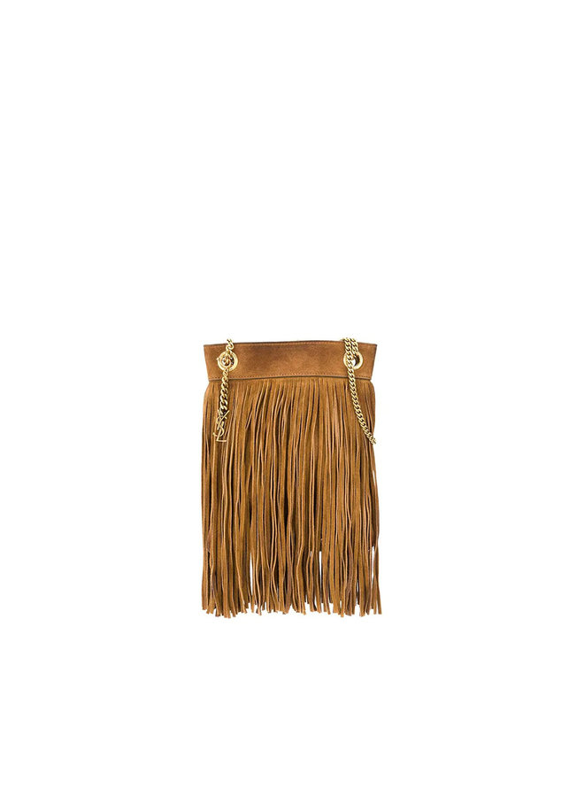 Grace Mini Fringed Shoulder Bag in Leather in Dark Camel