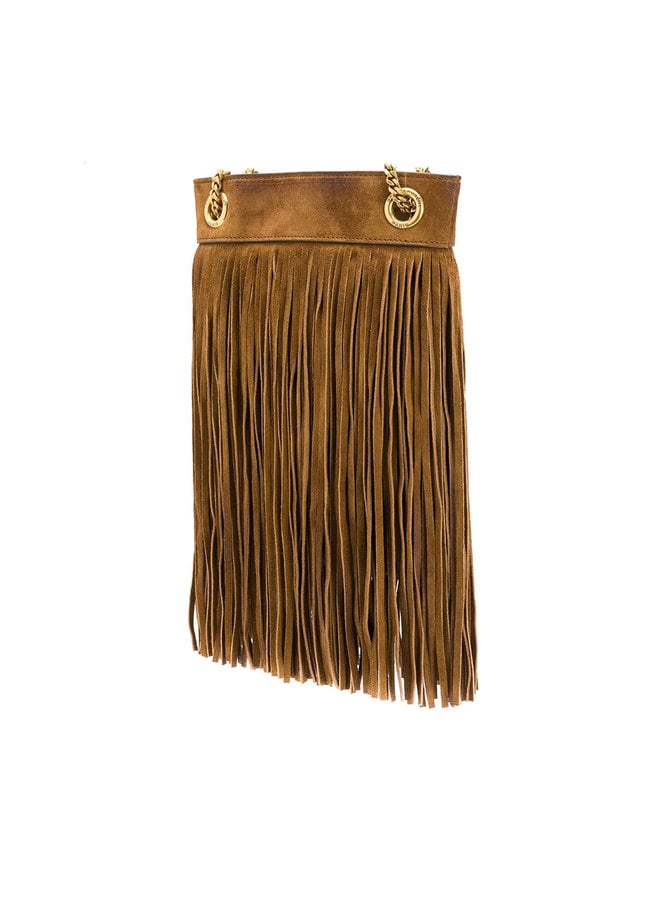 Grace Mini Fringed Shoulder Bag in Leather in Dark Camel
