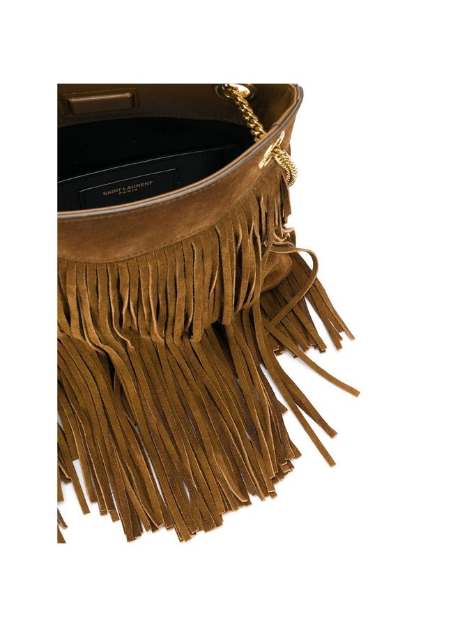 Grace Mini Fringed Shoulder Bag in Leather in Dark Camel