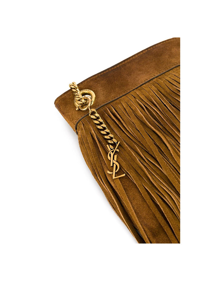 Grace Mini Fringed Shoulder Bag in Leather in Dark Camel