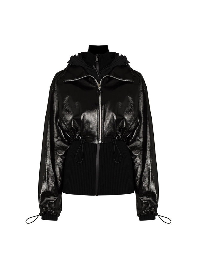 Paneled Outwear Jacket in Leather/Knit in Black
