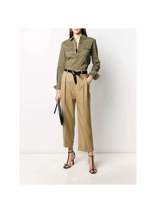 High Waisted Cropped Tailored Pants in Wool in Beige