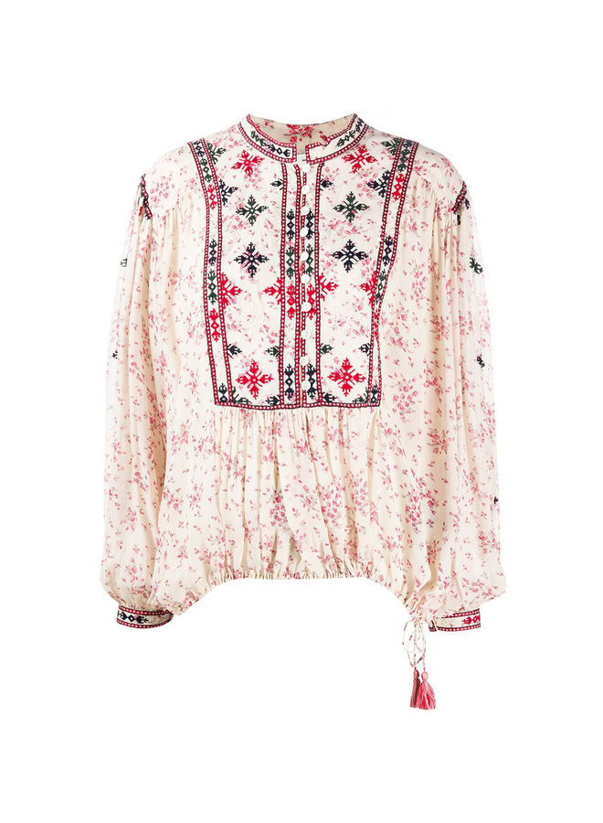 Long Sleeve Embroidered Blouse in Floral Print in Ecru