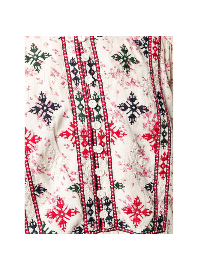 Long Sleeve Embroidered Blouse in Floral Print in Ecru