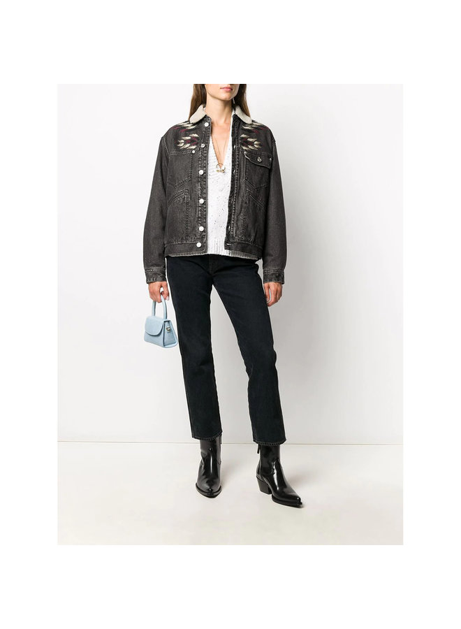 Embroidered Denim Jacket in Cotton in Faded Black