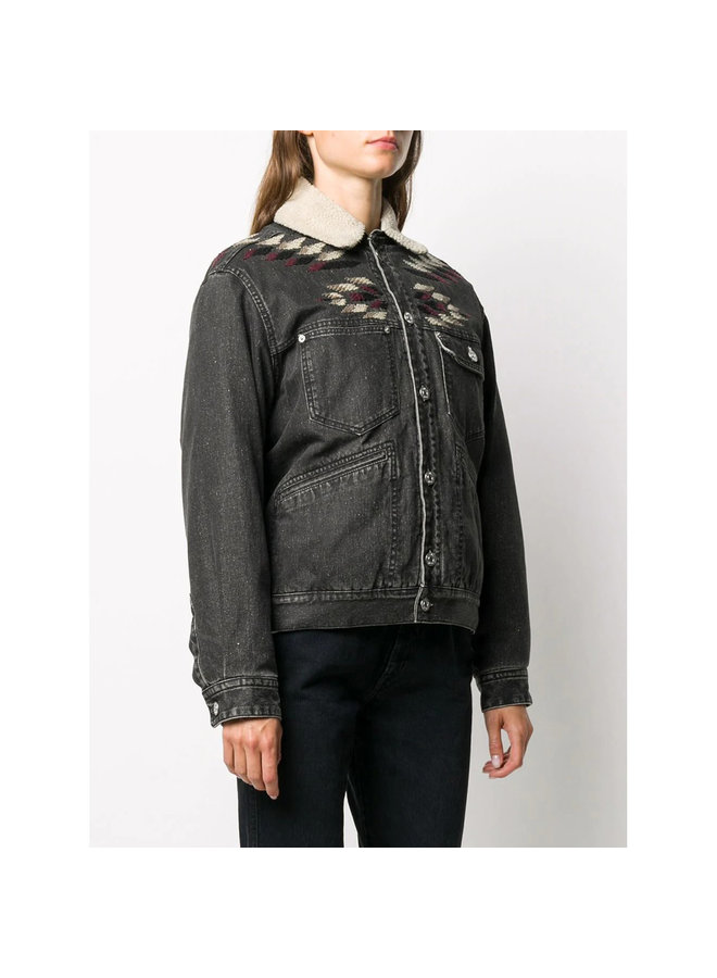 Embroidered Denim Jacket in Cotton in Faded Black