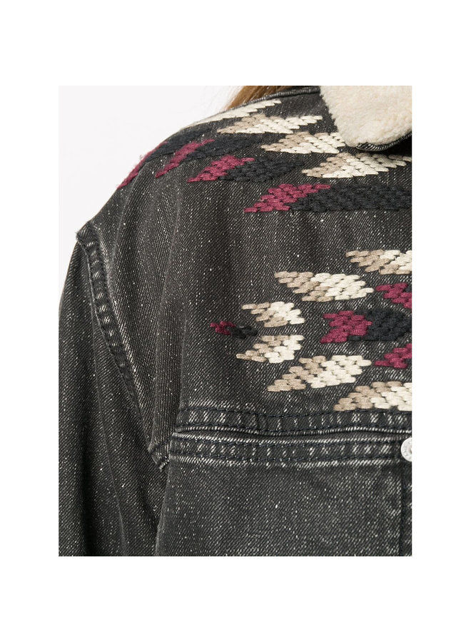 Embroidered Denim Jacket in Cotton in Faded Black