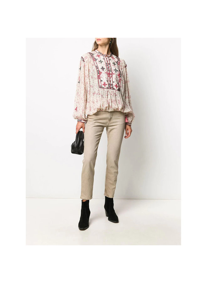 Long Sleeve Embroidered Blouse in Floral Print in Ecru