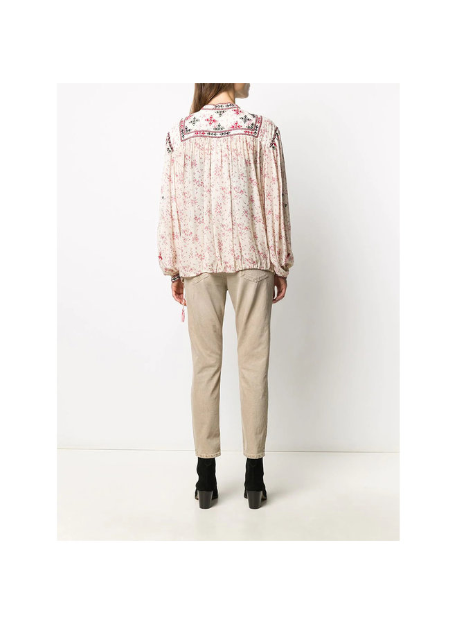 Long Sleeve Embroidered Blouse in Floral Print in Ecru