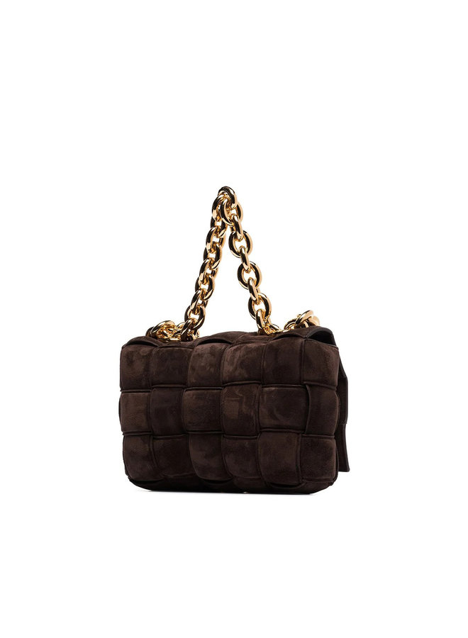 Cassette Chain Padded Shoulder Bag in Suede in Brown/Gold