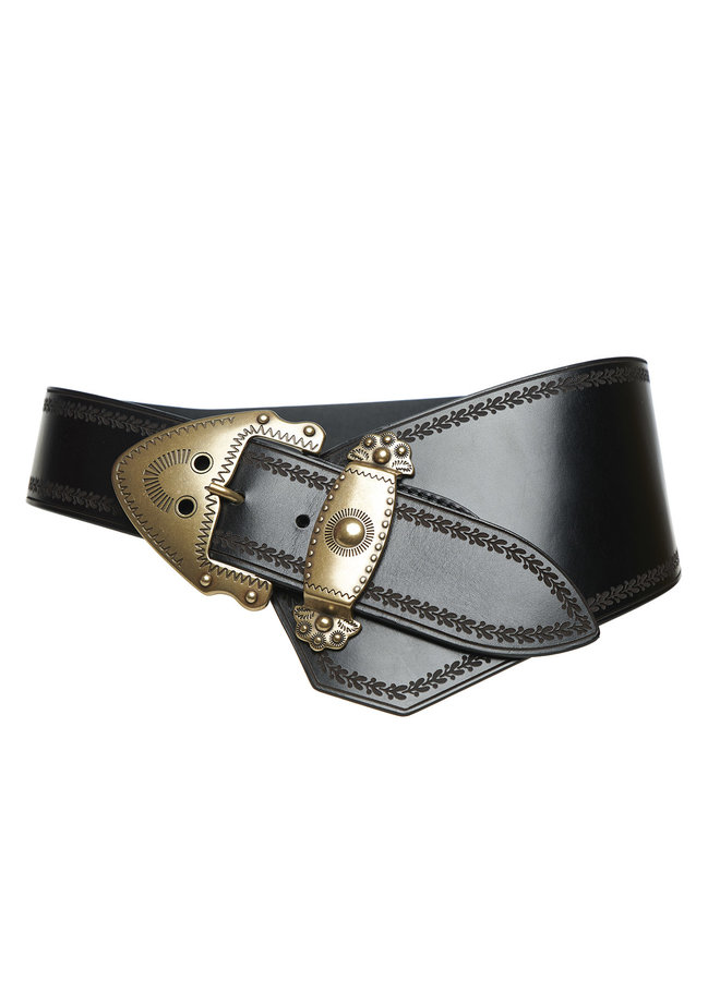 Buckle Waist Belt in Leather in Black/Brass