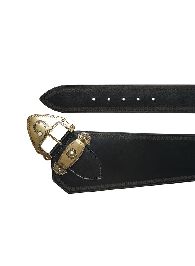 Buckle Waist Belt in Leather in Black/Brass