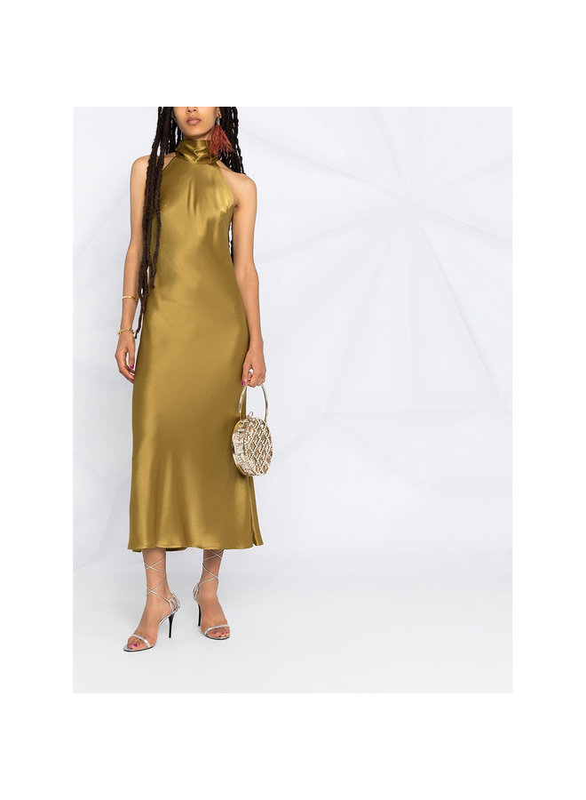 Midi Halterneck Dress in Satin in Safari Green