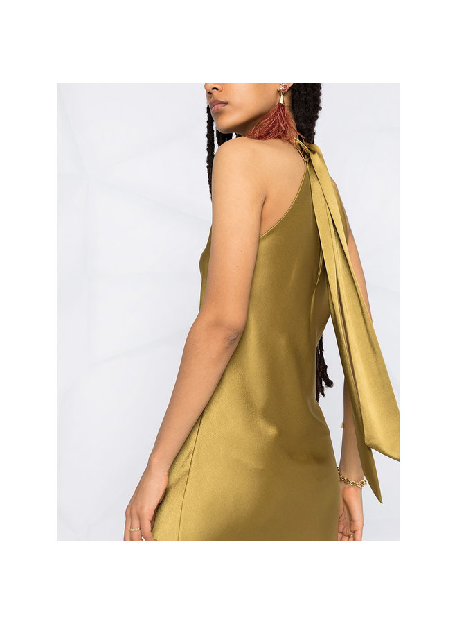 Midi Halterneck Dress in Satin in Safari Green