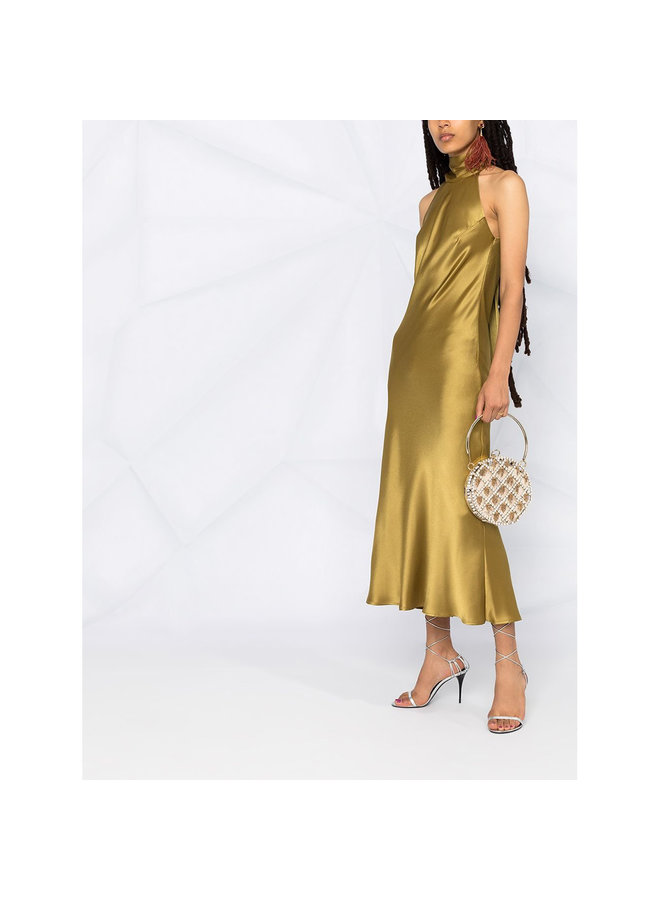Midi Halterneck Dress in Satin in Safari Green