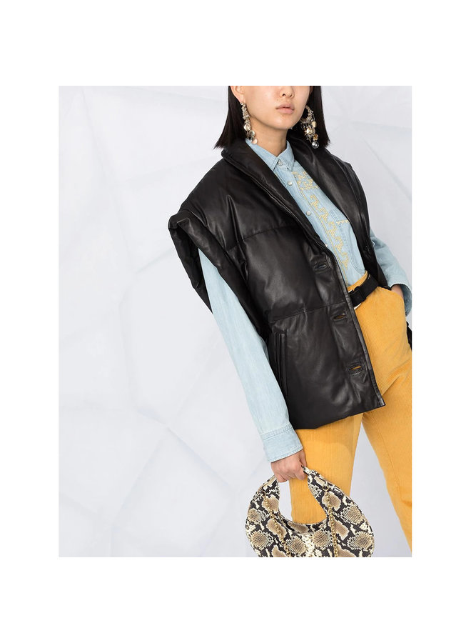 Padded Leather Gillet in Black