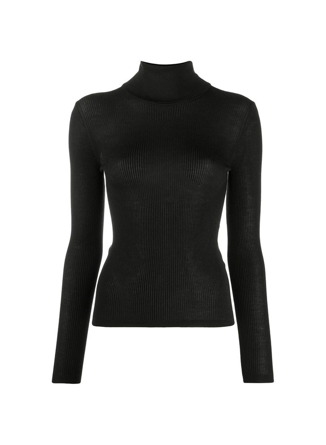 Fitted Turtleneck Knitted Top in Cashmere/Wool/Silk in Black
