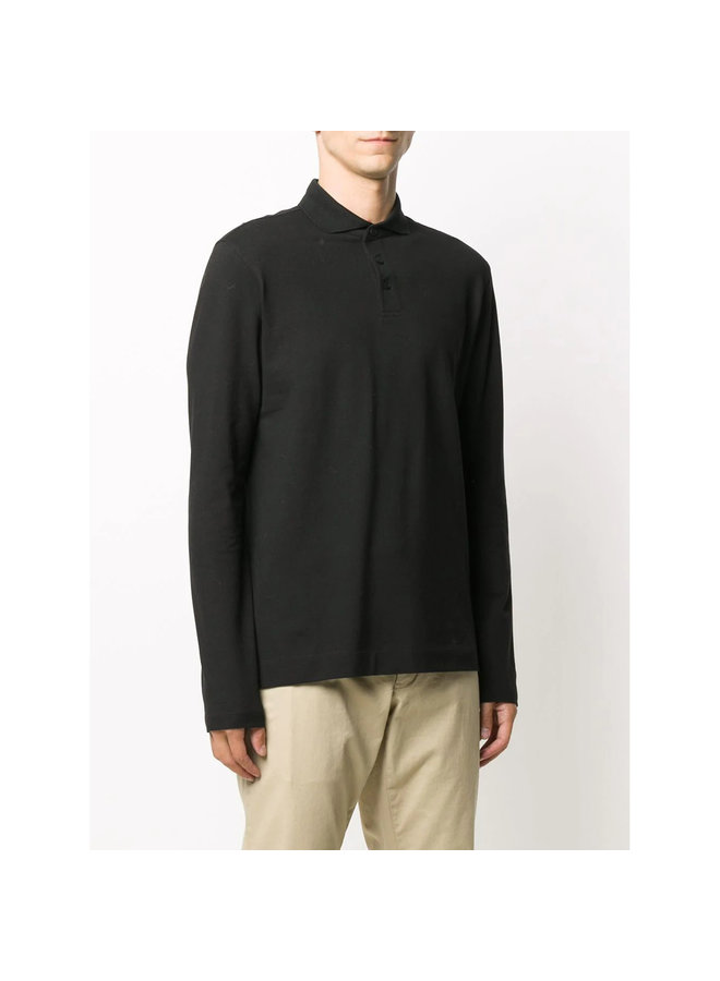 Long Sleeve Polo T-shirt in Stretch Cotton in Black