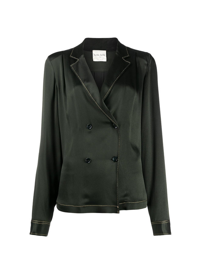 Crossover Button Shirt in Silk in Dark Green