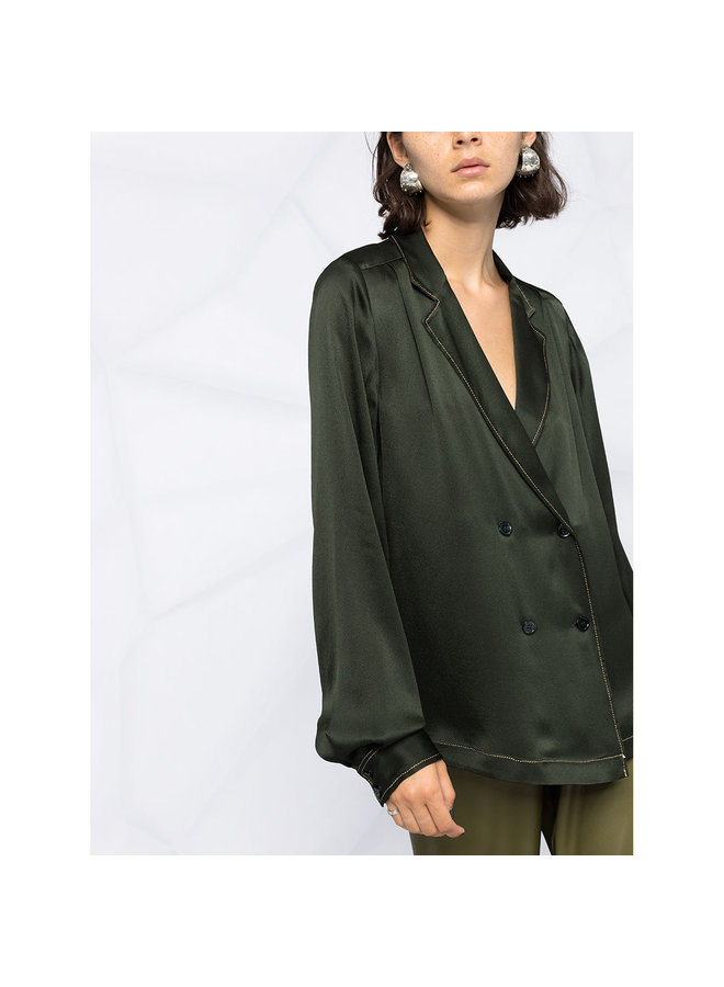 Crossover Button Shirt in Silk in Dark Green