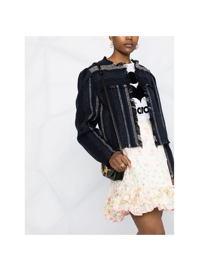 Cropped Tweed Jacket in Fringed Woven Stripe in Midnight Blue