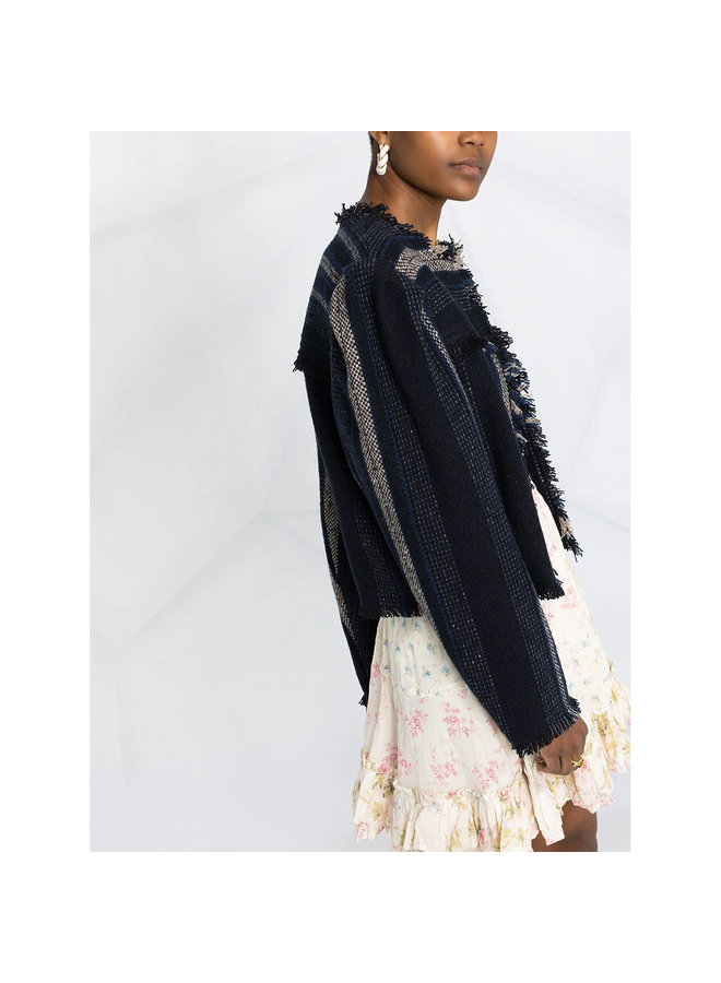 Cropped Tweed Jacket in Fringed Woven Stripe in Midnight Blue
