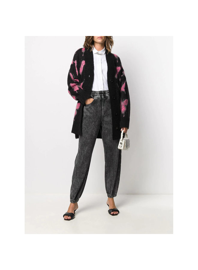 Long Cardigan in Butterfly Print in Wool in Black