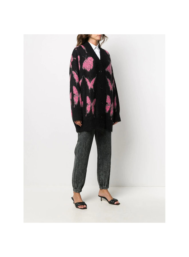 Long Cardigan in Butterfly Print in Wool in Black