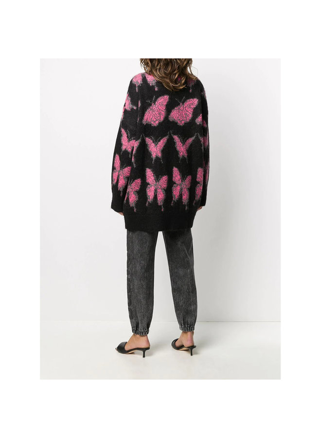 Long Cardigan in Butterfly Print in Wool in Black