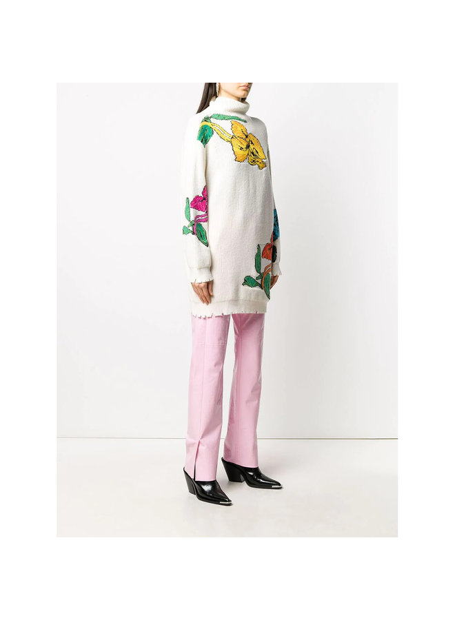 Long Sweater in Flower Print in Wool in Milk