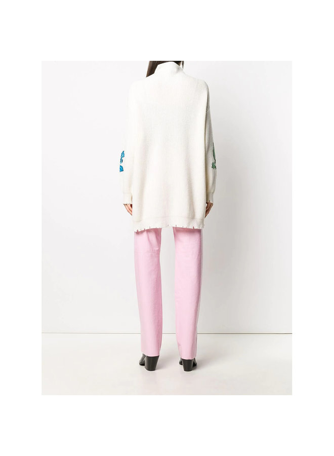 Long Sweater in Flower Print in Wool in Milk