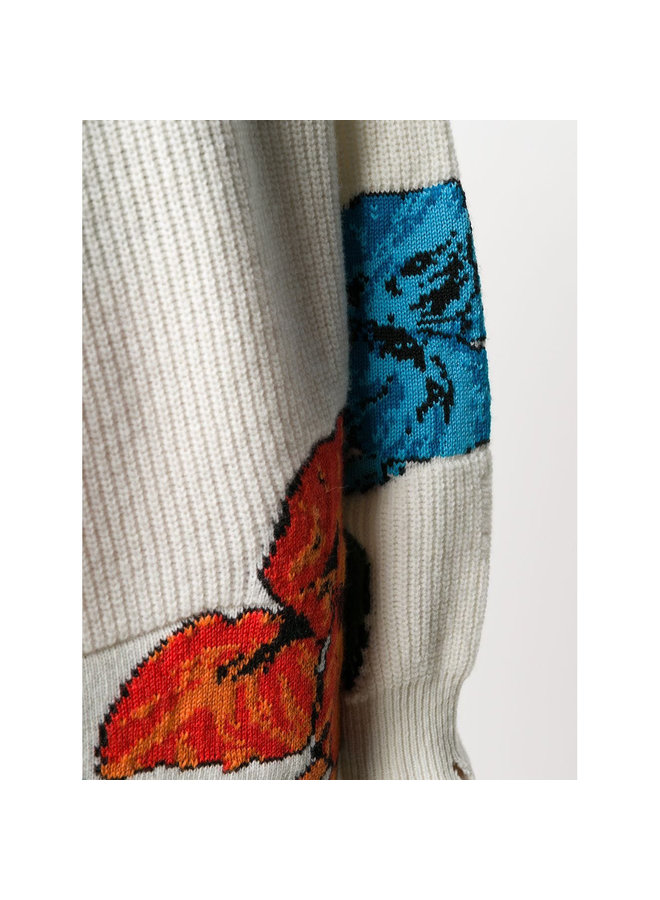 Long Sweater in Flower Print in Wool in Milk