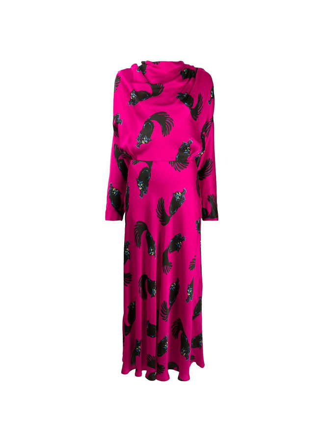 Long Dress in Cat Print in Fuschia