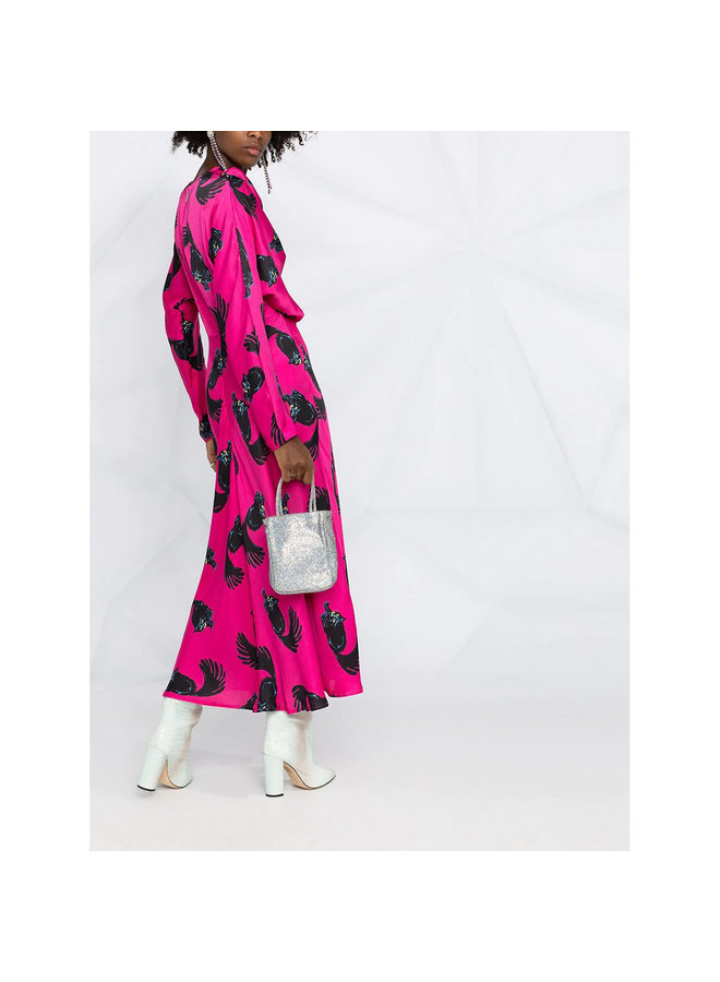 Long Dress in Cat Print in Fuschia