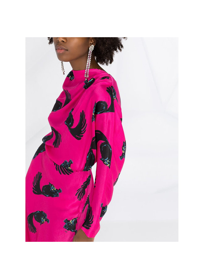 Long Dress in Cat Print in Fuschia