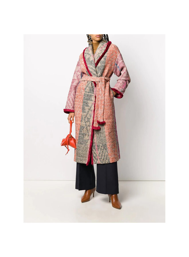Long Belted Coat in Wool in Multicolor Carpet