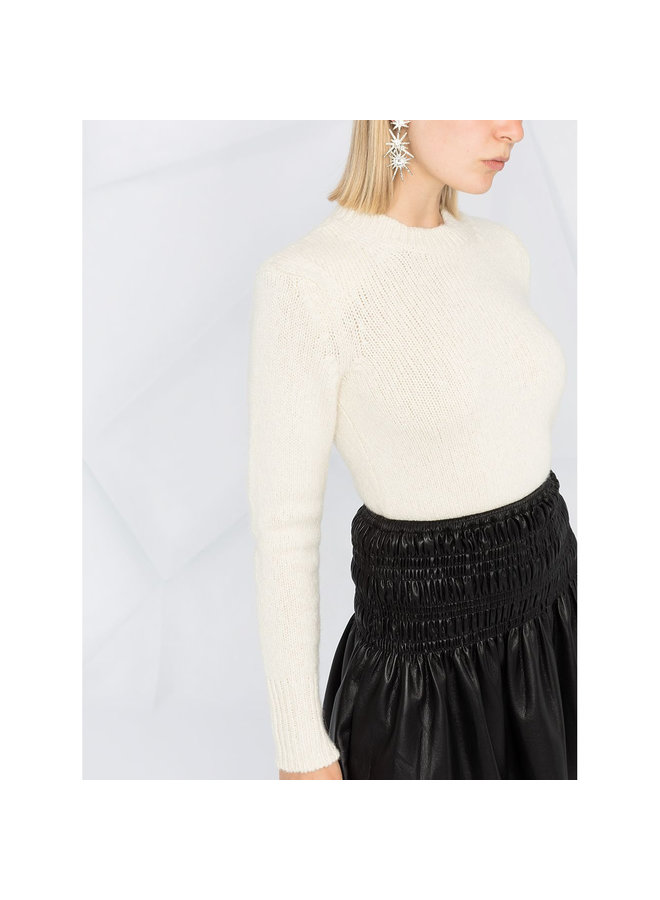 Mock Neck Ribbed Knit Jumper in Wool in Ecru
