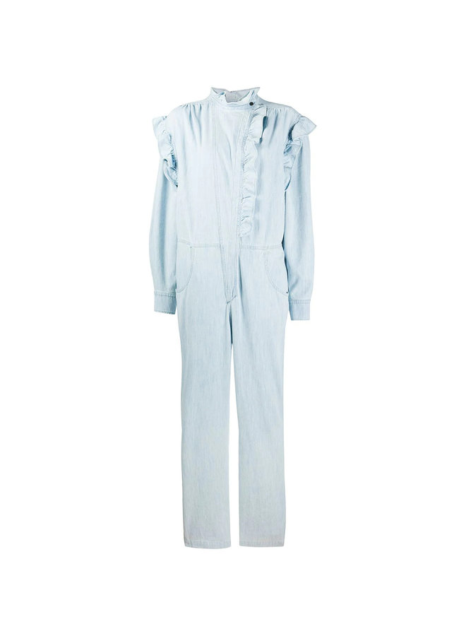 Full Length Ruffle Jumpsuit in Cotton in Light Blue
