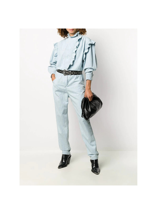 Full Length Ruffle Jumpsuit in Cotton in Light Blue
