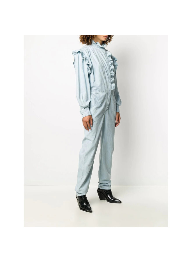Full Length Ruffle Jumpsuit in Cotton in Light Blue
