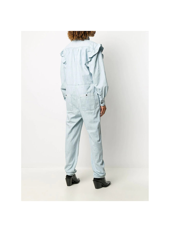 Full Length Ruffle Jumpsuit in Cotton in Light Blue