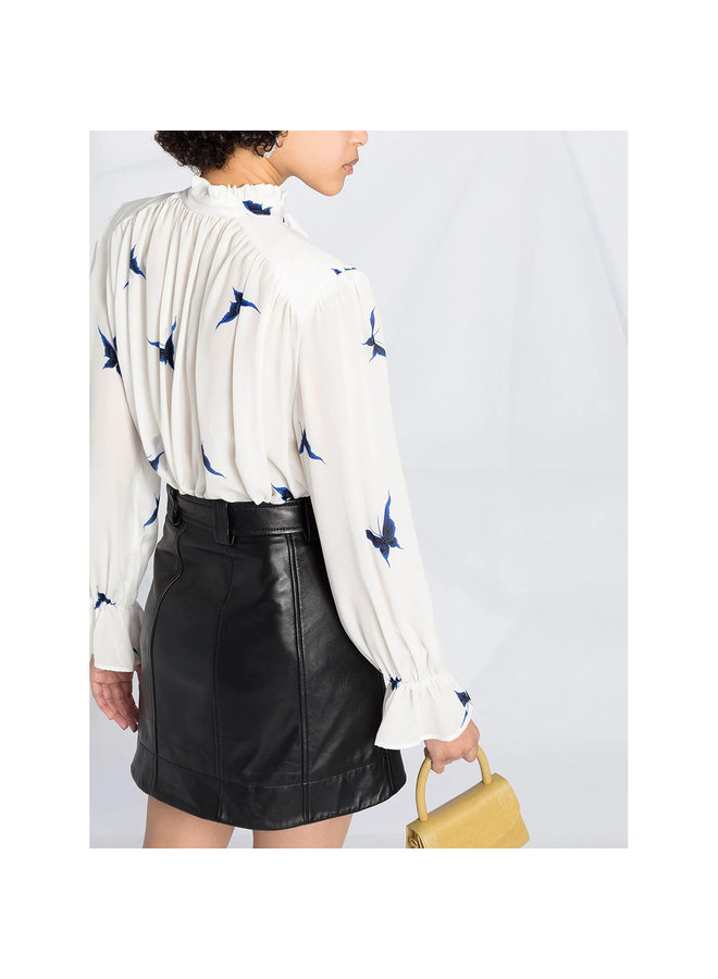 Long Sleeve Pussy-bow Printed Blouse in Silk in White