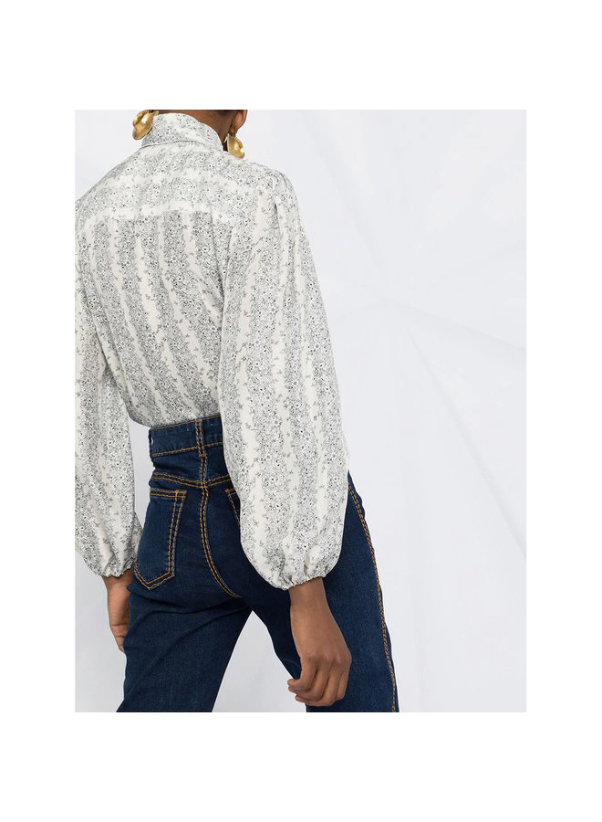 Long Sleeve Pussy-bow Printed Blouse in Silk in White