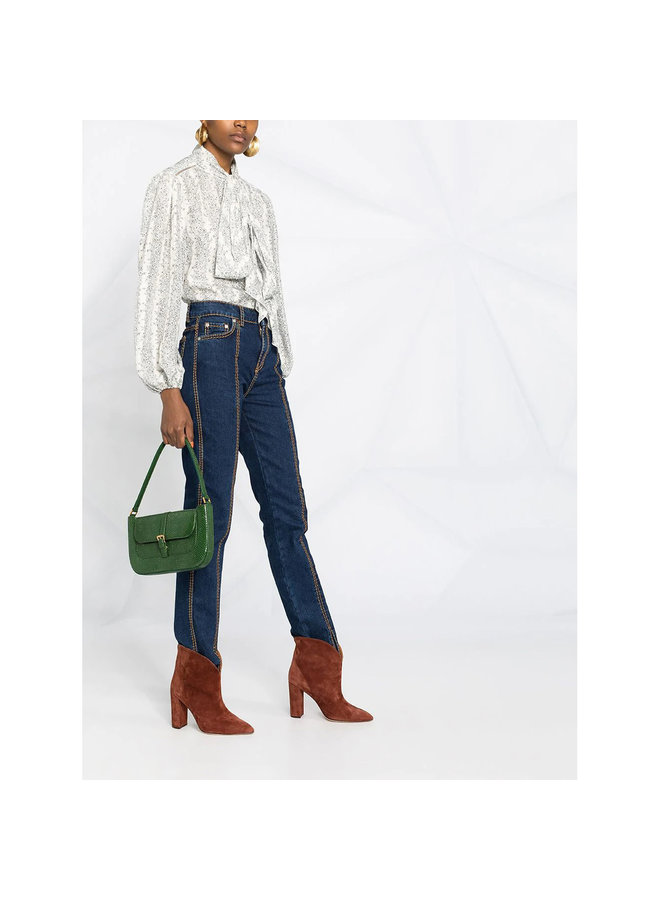 Long Sleeve Pussy-bow Printed Blouse in Silk in White