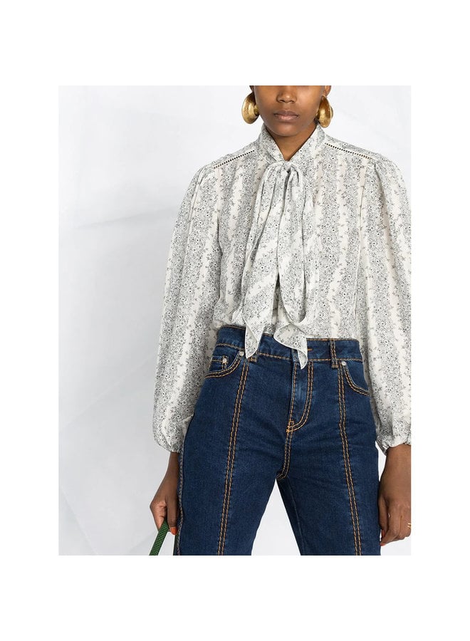 Long Sleeve Pussy-bow Printed Blouse in Silk in White