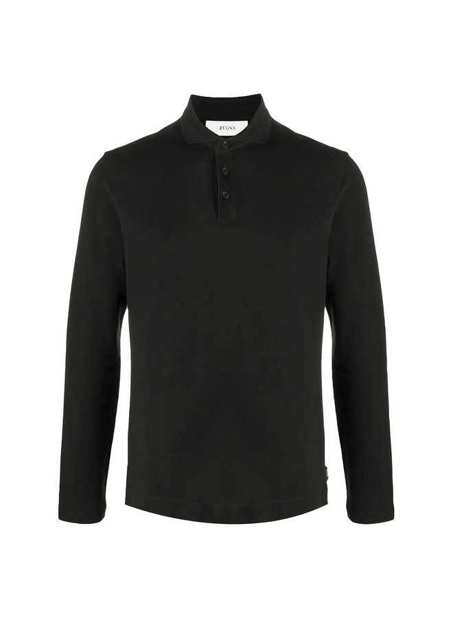 Long Sleeve Polo T-shirt in Stretch Cotton in Black